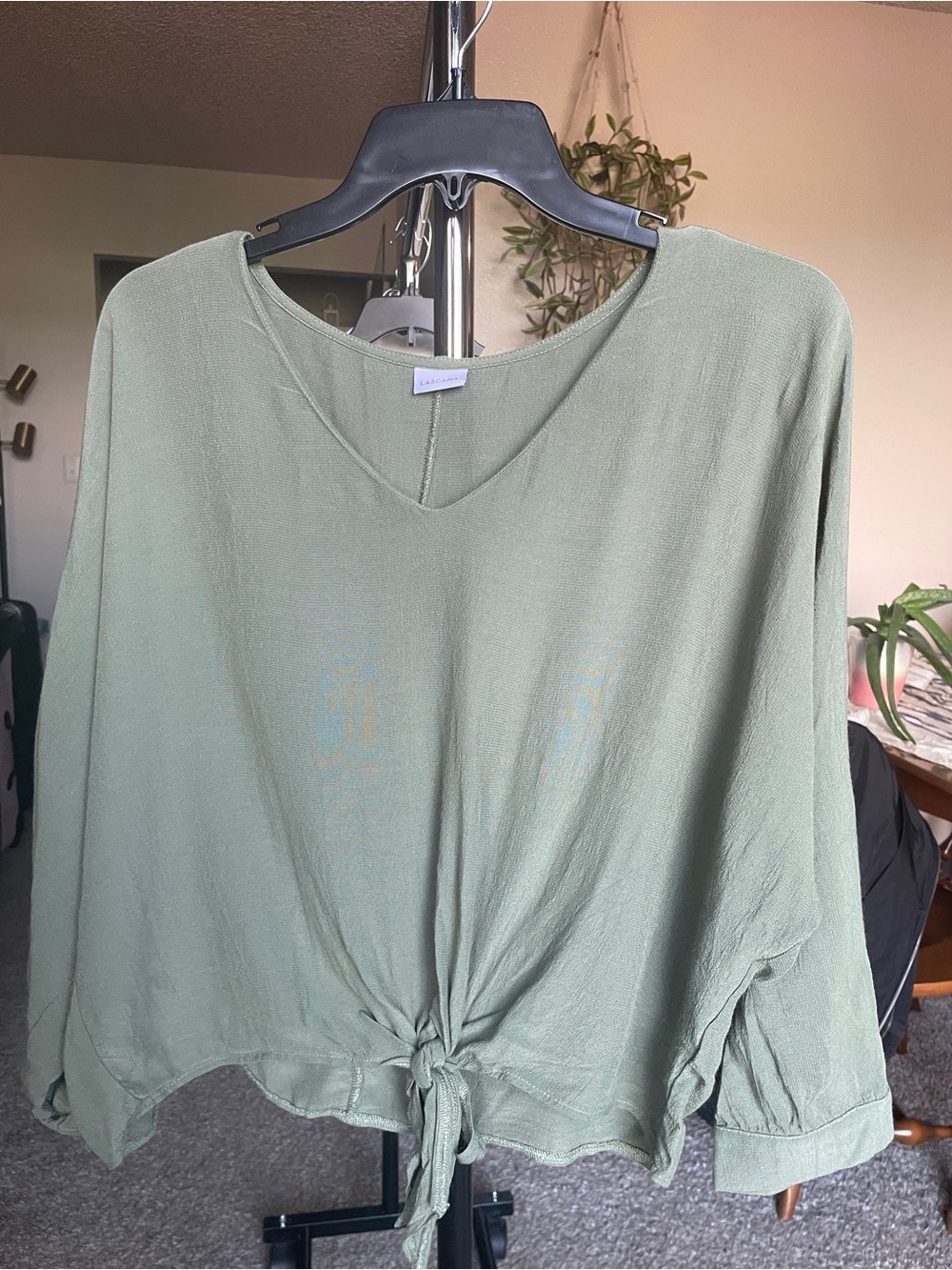 Women's Olive Tie-Front V-Neck Blouse